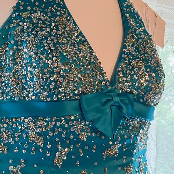 TIFFANY DESIGNS by CHRISTINA WU STUNNING HALTER BEADED TURQUOISE GOWN DRESS - Picture 7 of 11